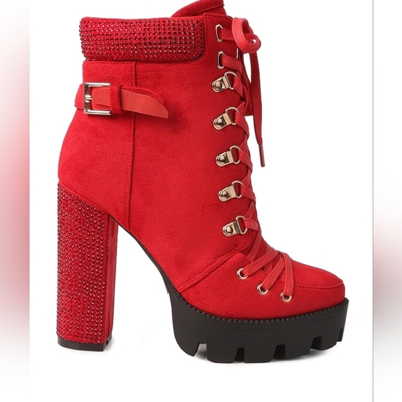 London Rag Co Shoes - Red Lace-Up Platform Birch Diamante Block Heeled Ankle Boots Womens 8